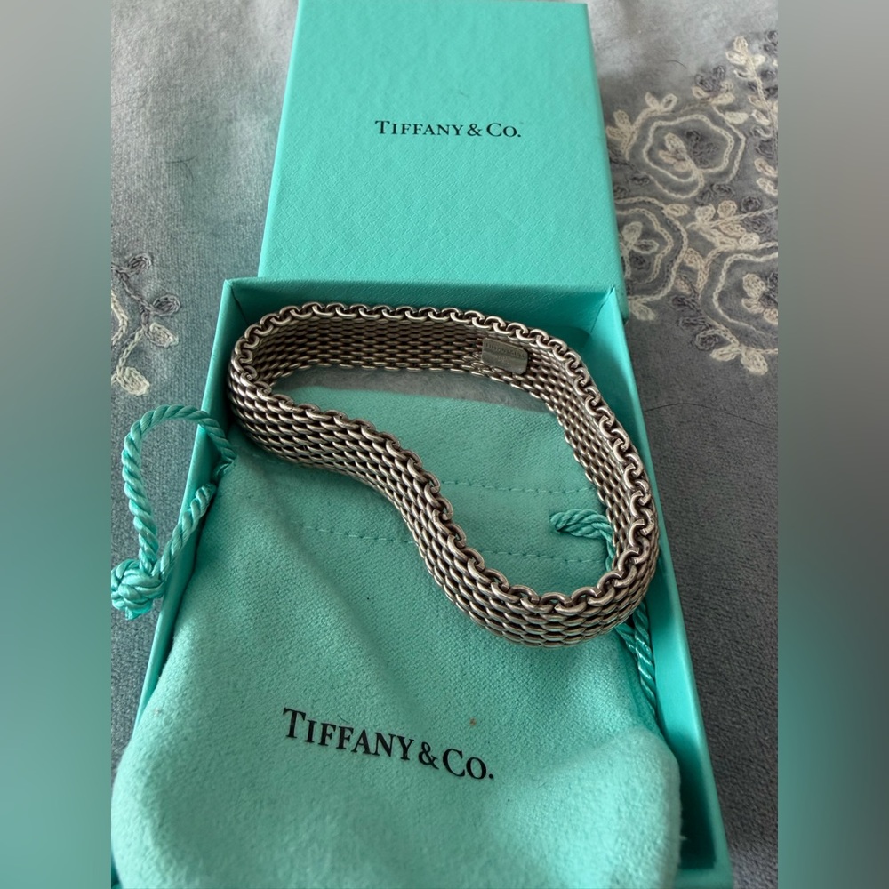 Tiffany & Co. Sterling Silver Mesh somerset flexible Bracelet - box & Blue Pouch